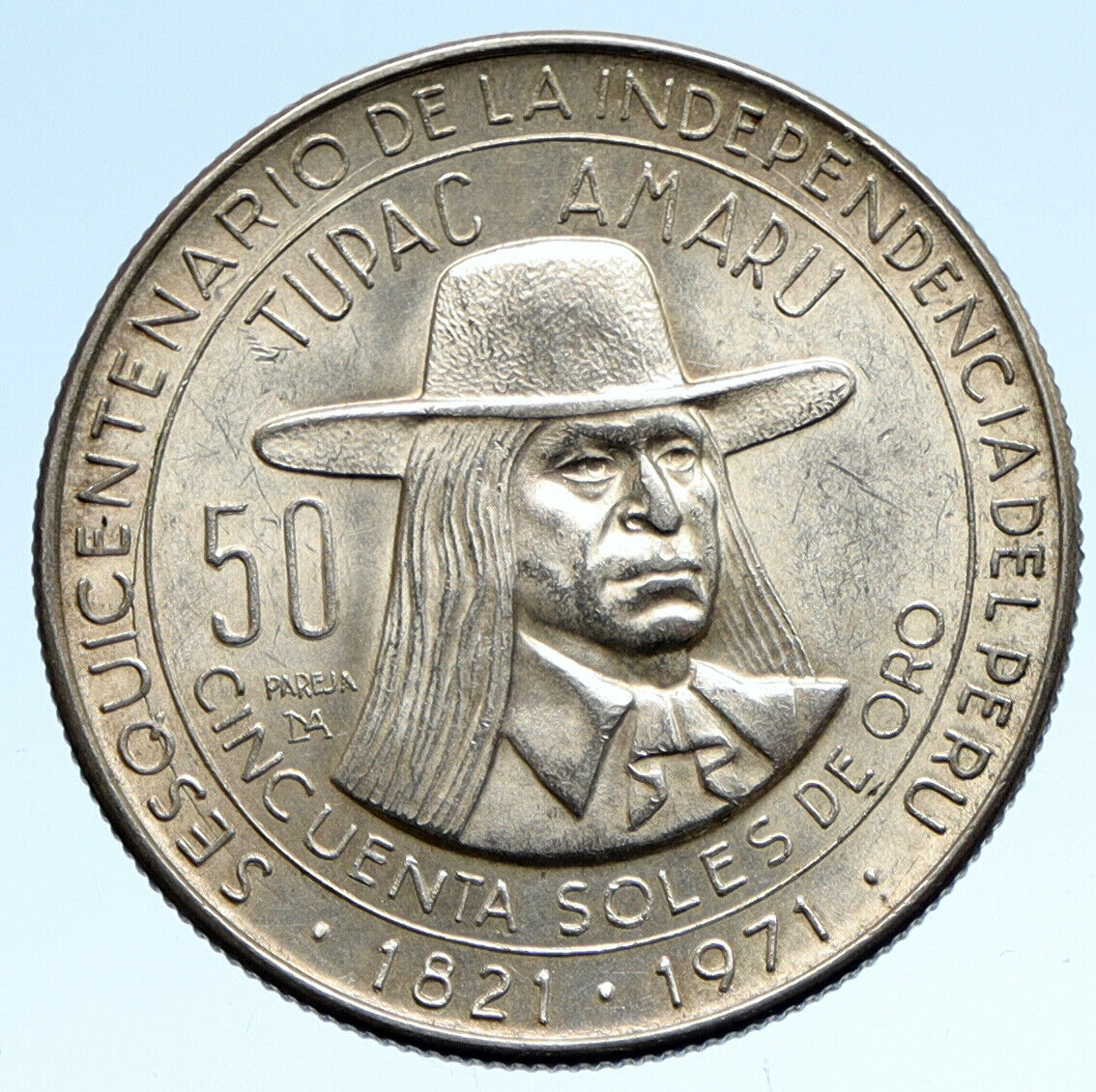 1971 PERU South America TUPAC AMARU Vintage Silver Peruvian 50 SOLES Coin i95694