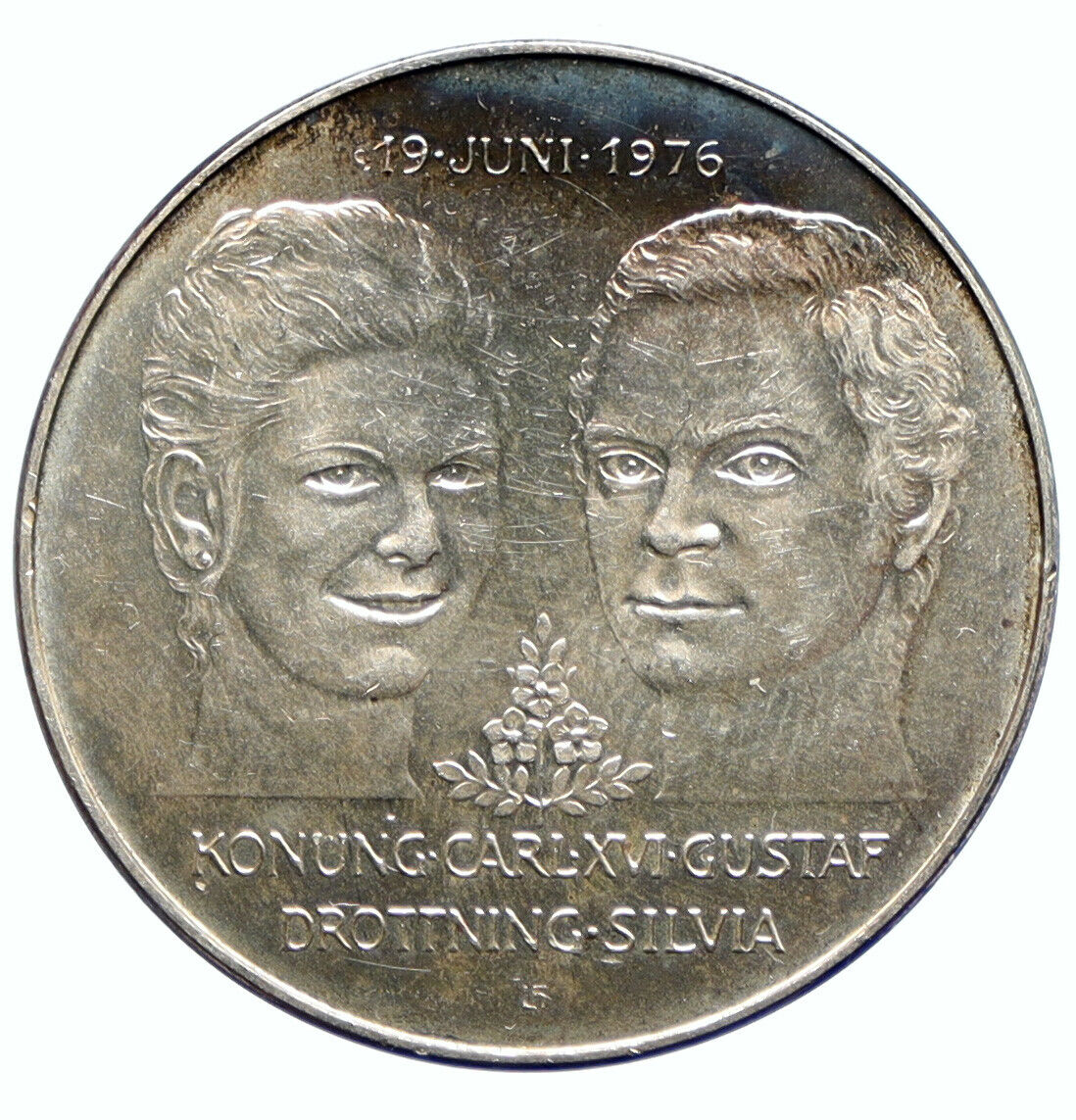 1976 SWEDEN King GUSTAF V Queen Silvia ROYAL WEDDING Silver 50 Kronr Coin i95692