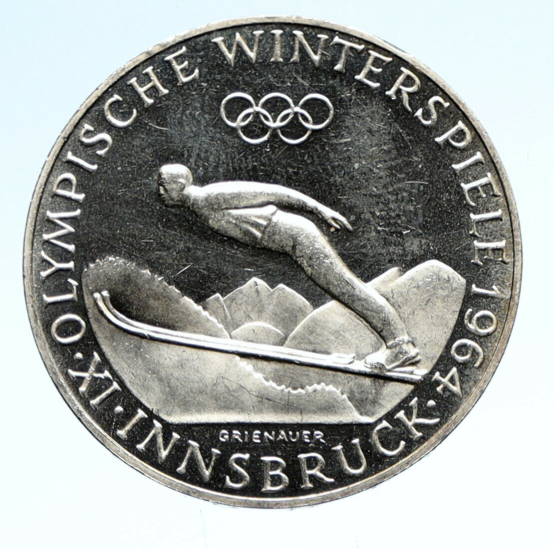 1964 AUSTRIA Innsbruck Winter Olympic Games SKIING OLD Silver 50Shlg Coin i95683