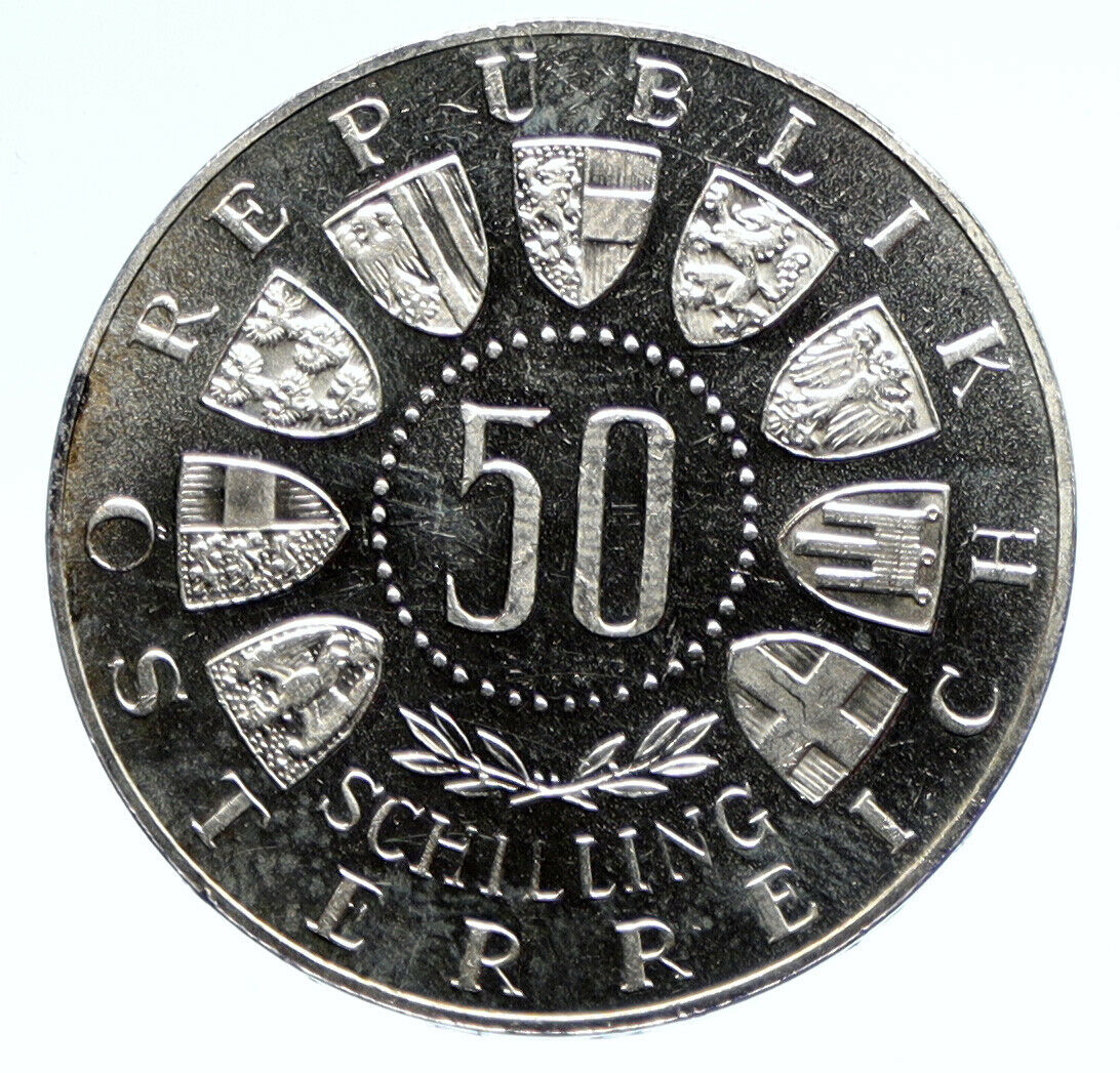 1964 AUSTRIA Innsbruck Winter Olympic Games SKIING OLD Silver 50Shlg Coin i95683