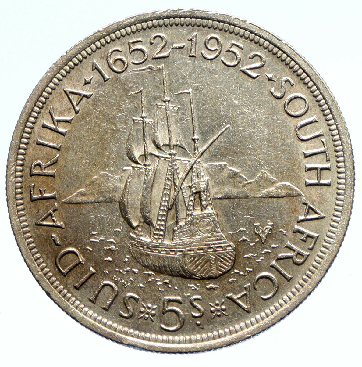 1952 SOUTH AFRICA 300th Cape Town Riebeeck w SHIP Silver 5 Shillings Coin i95688