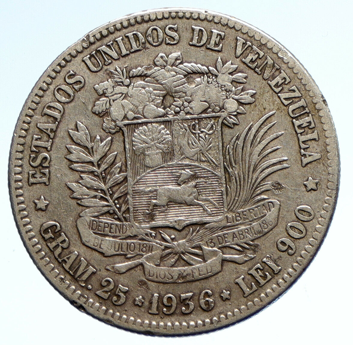 1936 Freemason President Simon Bolivar VENEZUELA Founder Silver 5 B Coin i95691