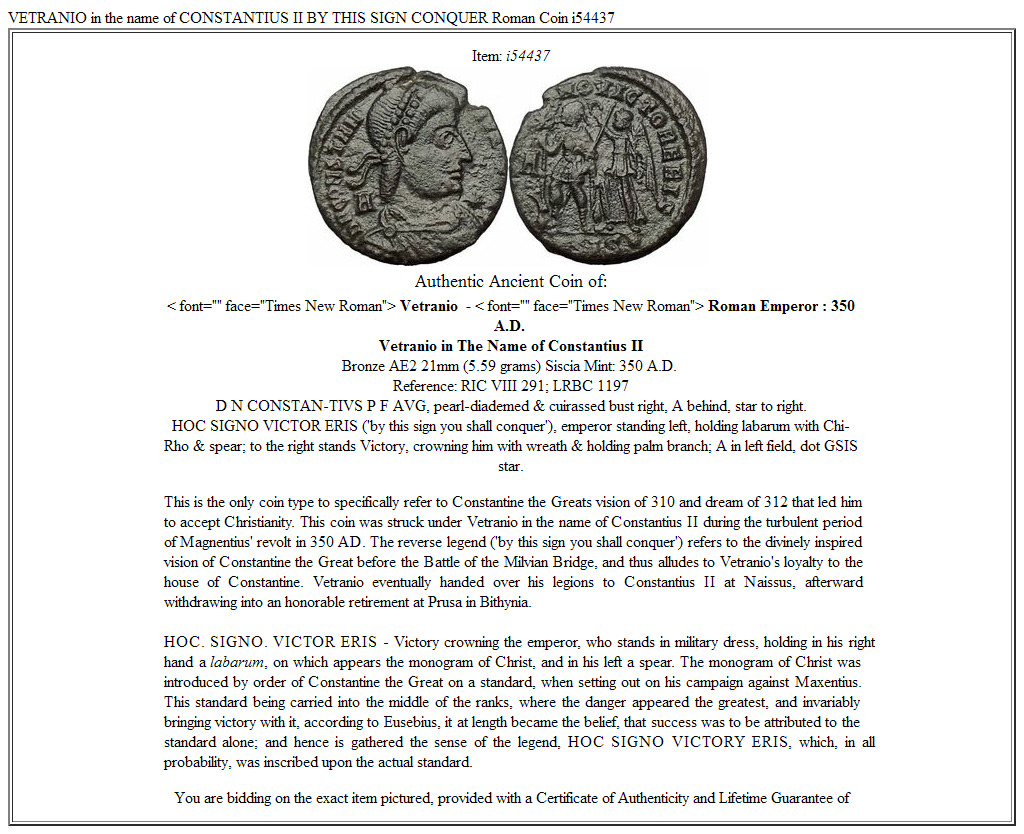 VETRANIO in the name of CONSTANTIUS II BY THIS SIGN CONQUER Roman Coin i54437