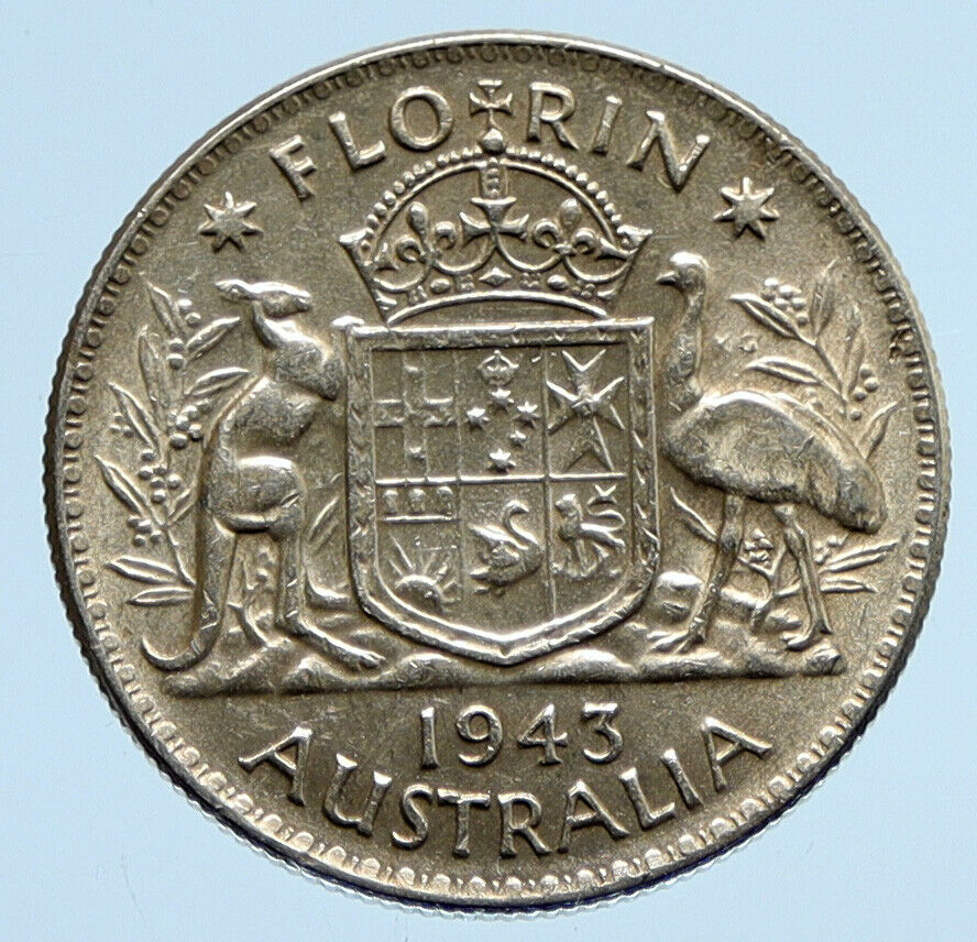 1943M AUSTRALIA Large King George VI Kangaroos VINTAGE Silver Florin Coin i94440