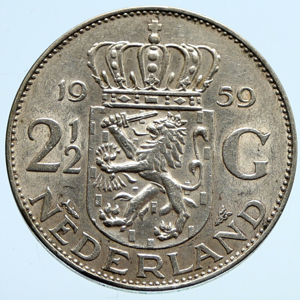 1959 Netherlands Kingdom Queen JULIANA Vintage Silver 2 1/2 Gulden Coin i94444