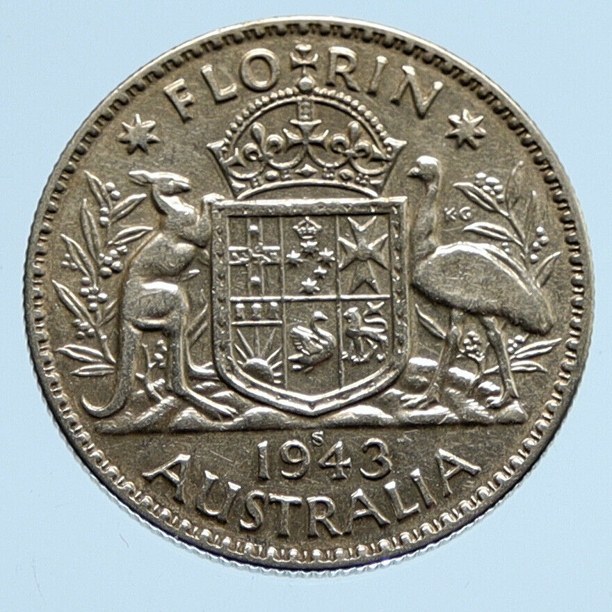 1943S AUSTRALIA Large King George VI Kangaroos VINTAGE Silver Florin Coin i94441