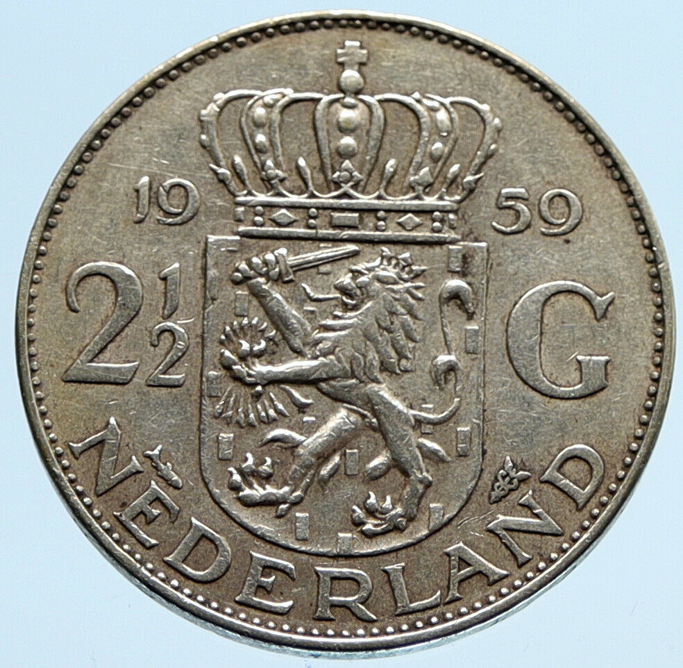 1959 Netherlands Kingdom Queen JULIANA Vintage Silver 2 1/2 Gulden Coin i94447