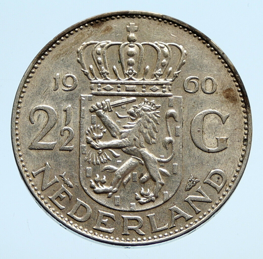 1959 Netherlands Kingdom Queen JULIANA Vintage Silver 2 1/2 Gulden Coin i94449