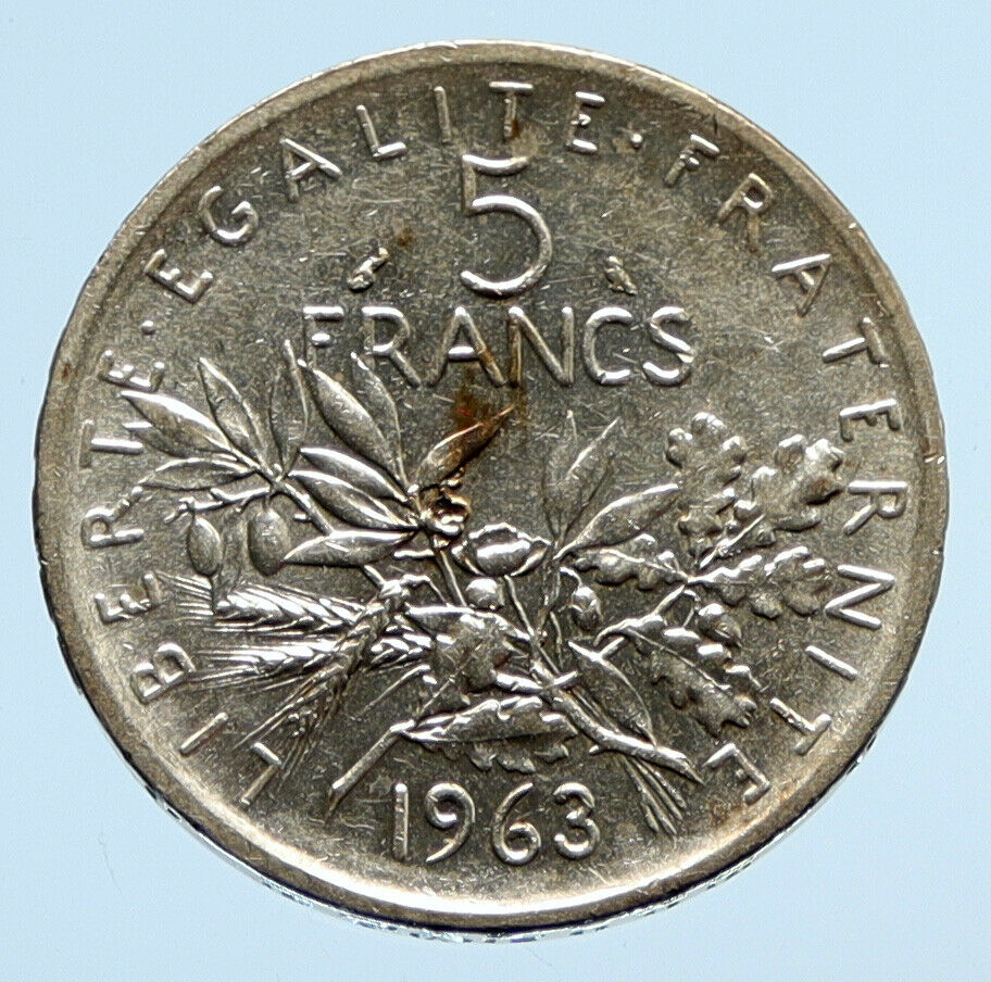 1963 FRANCE French LARGE with La Semeuse SOWER WOMAN Silver 5 Francs Coin i94443