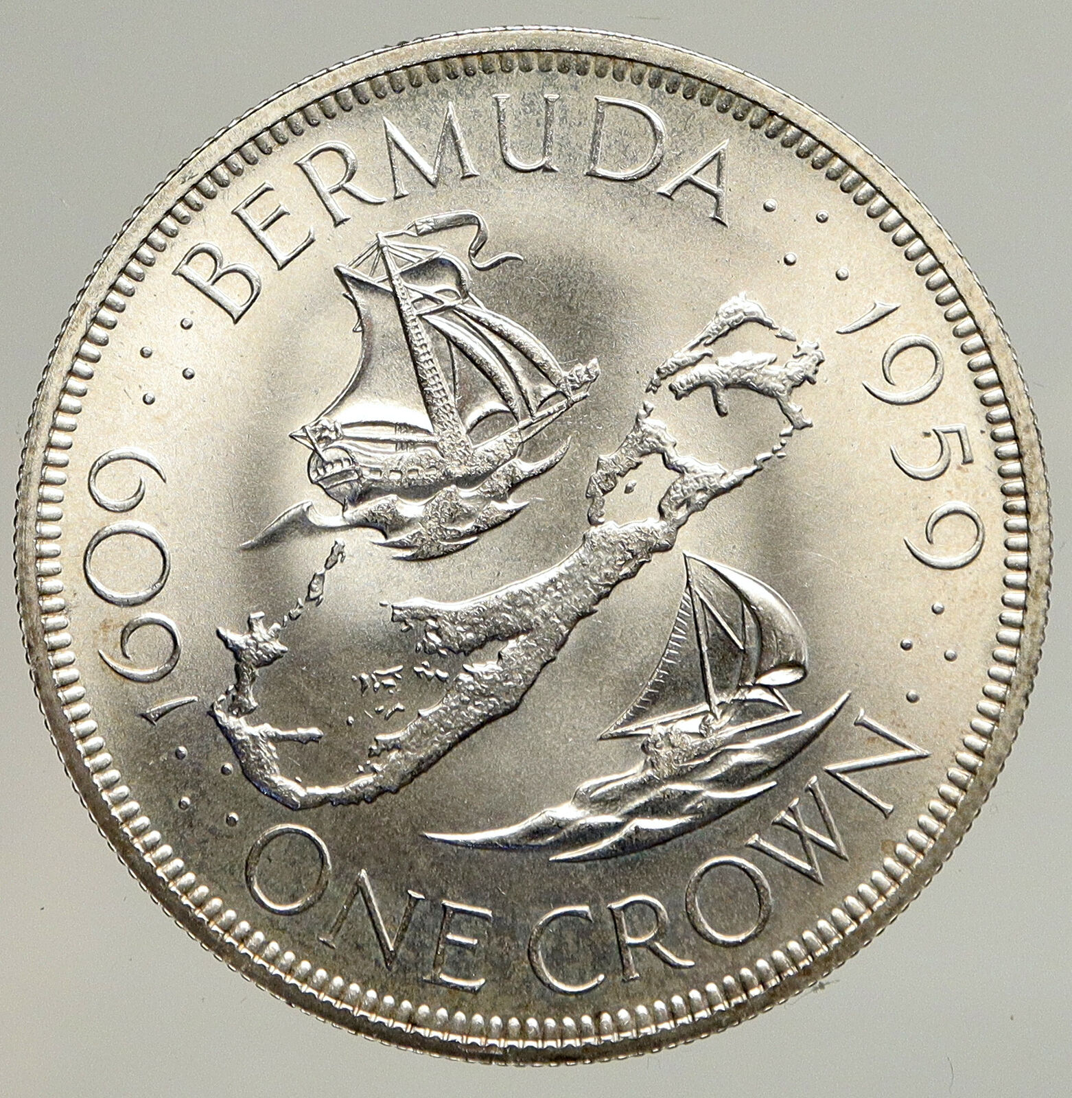 1959 BERMUDA British Colony Elizabeth II LARGE Boats Silver 1 Crown Coin i93589