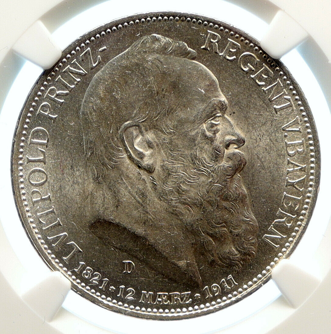 1911 D GERMANY Bavaria Otto I PRINCE LUITPOLD Old Silver 3 Mark Coin NGC i96165