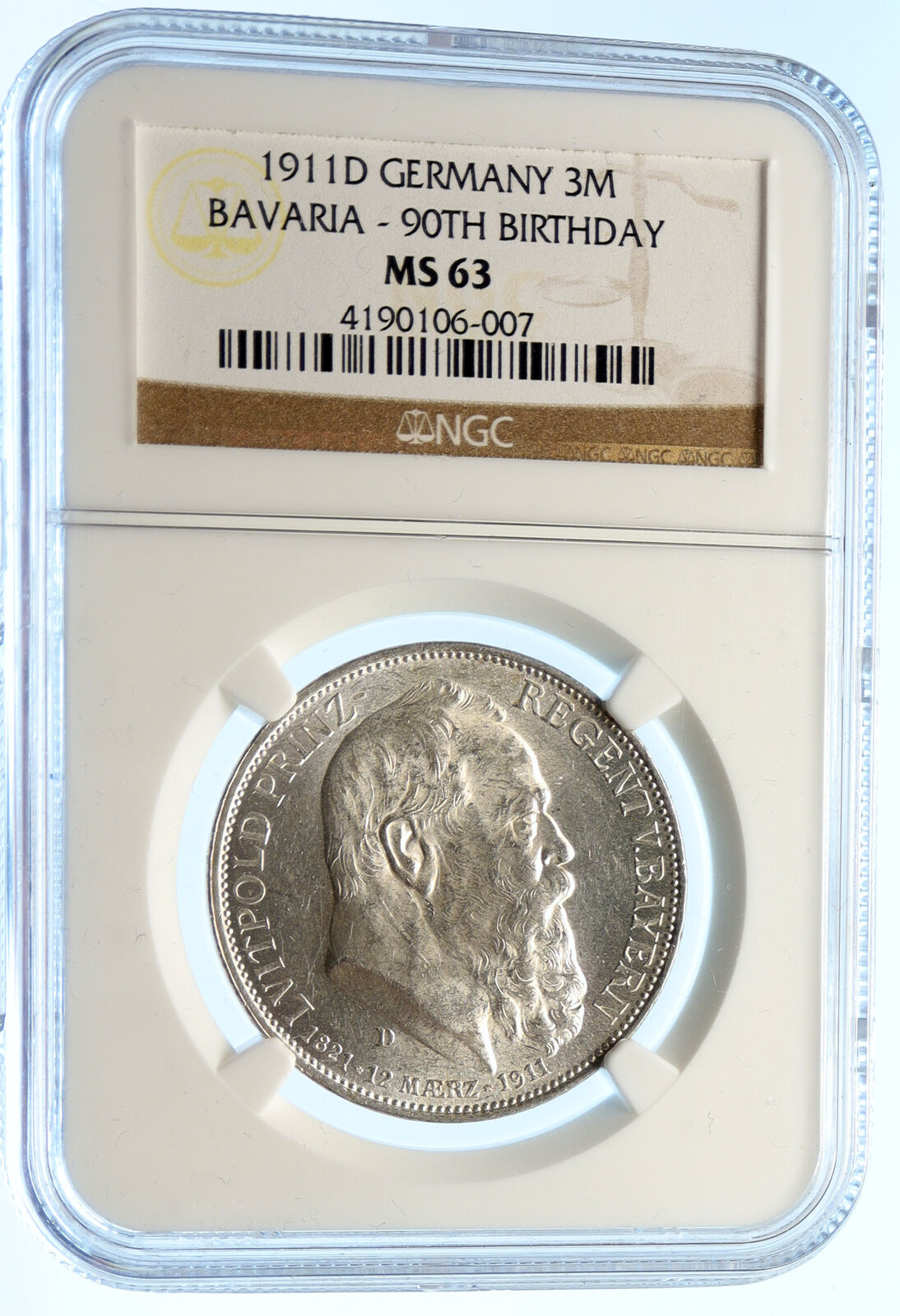 1911 D GERMANY Bavaria Otto I PRINCE LUITPOLD Old Silver 3 Mark Coin NGC i96165