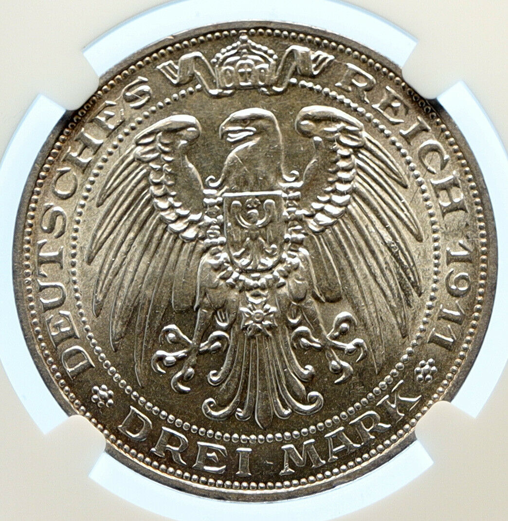 1911 A PRUSSIA KINGDOM Germany WILHELM II & III Silver 3 Mark Coin NGC i96164