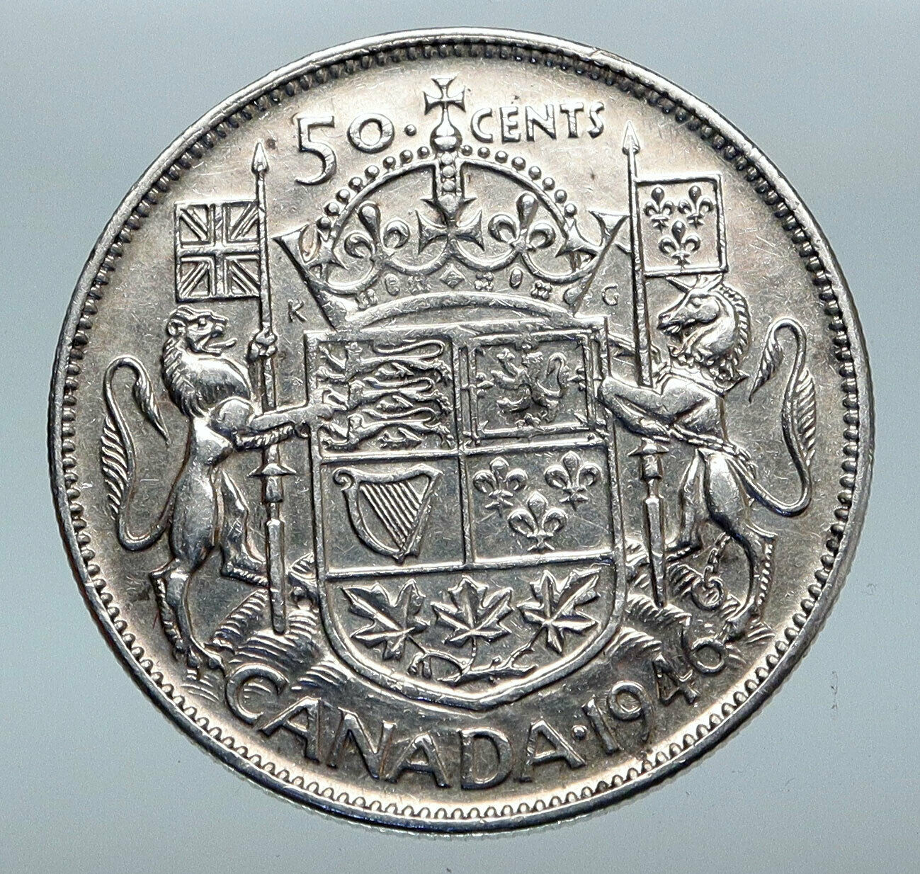 1946 CANADA WWII Time SILVER 50 Cents Coin UK King GEORGE VI Coat-of-Arms i85257