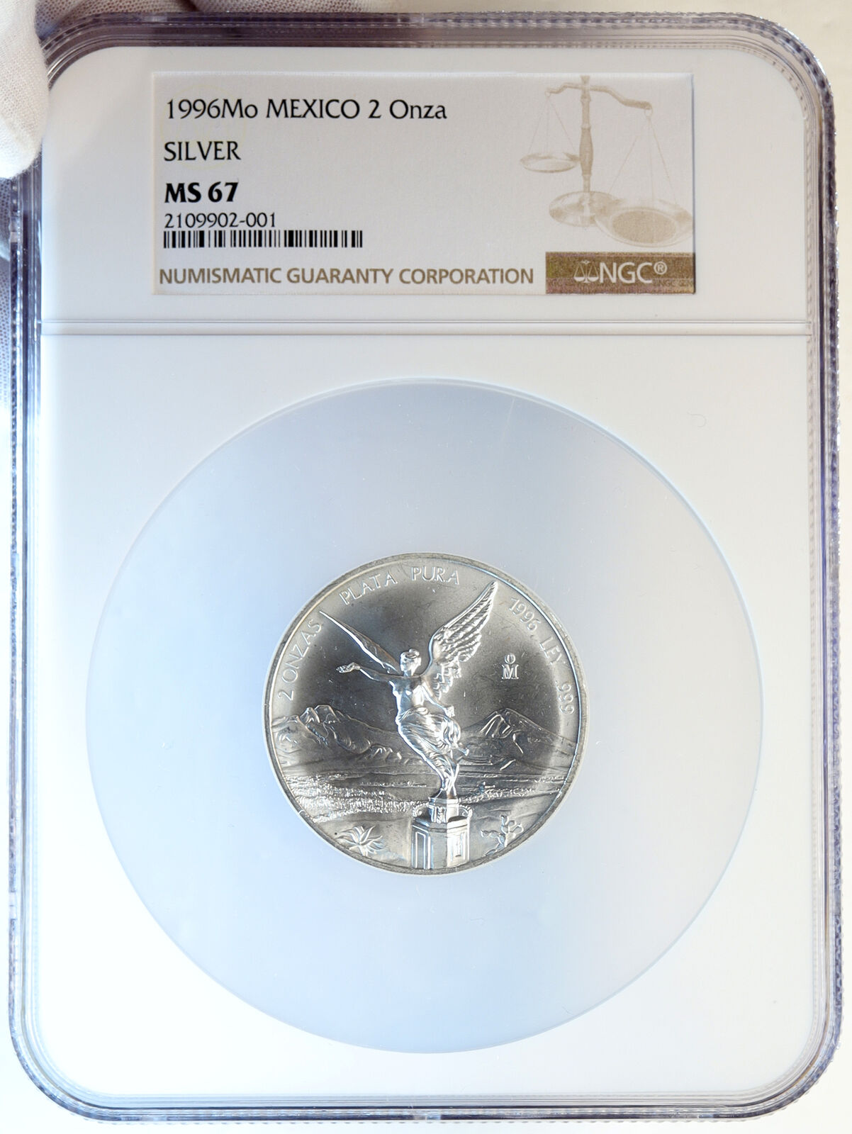 1996 MEXICO Winged Victory Mountains OLD SILVER 2 Onza Mexican Coin NGC i96728