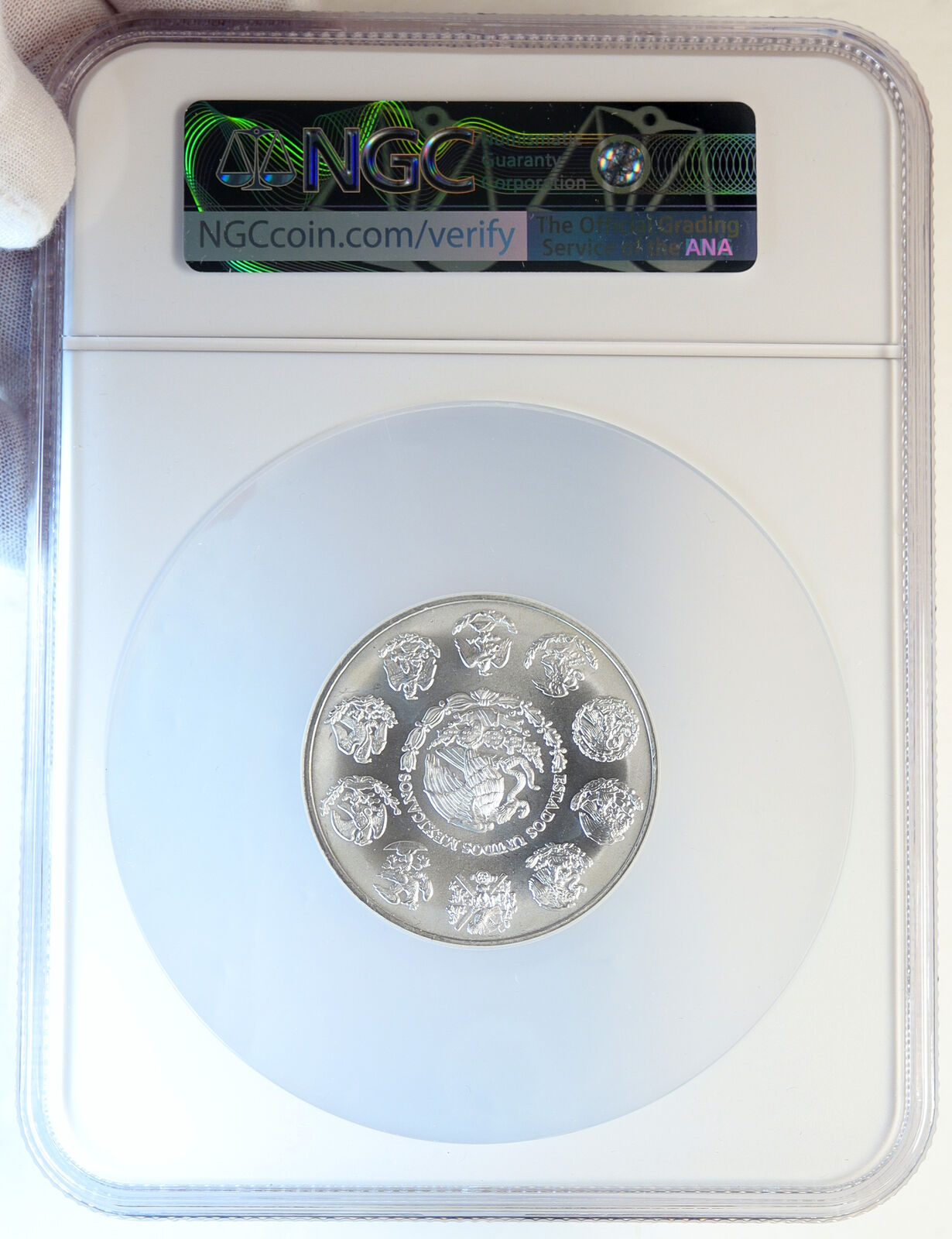 1996 MEXICO Winged Victory Mountains OLD SILVER 2 Onza Mexican Coin NGC i96728