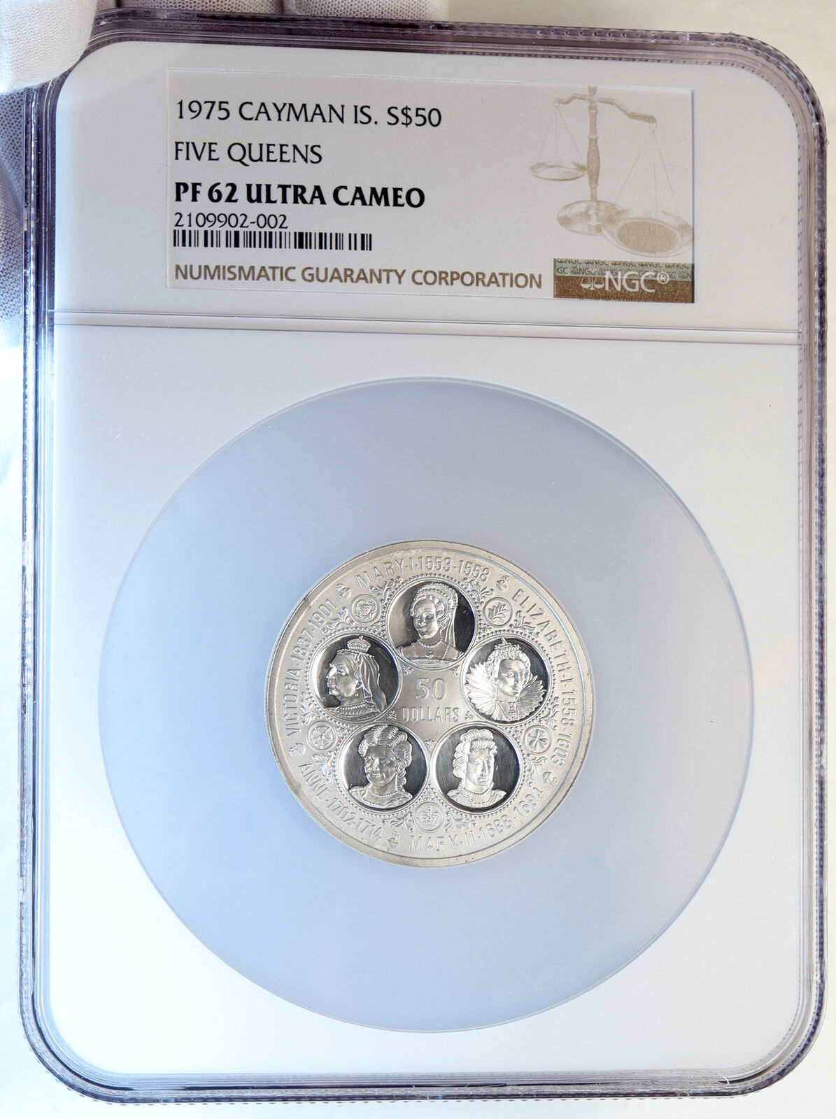 1975 CAYMAN ISLANDS UK Elizabeth Victoria Mary Anne PF Silver 50 Coin NGC i96729