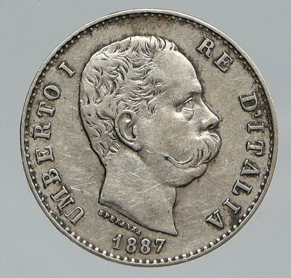 1887 M ITALY King Umberto I VINTAGE Antique Silver 1 Lira Italian Coin i91670