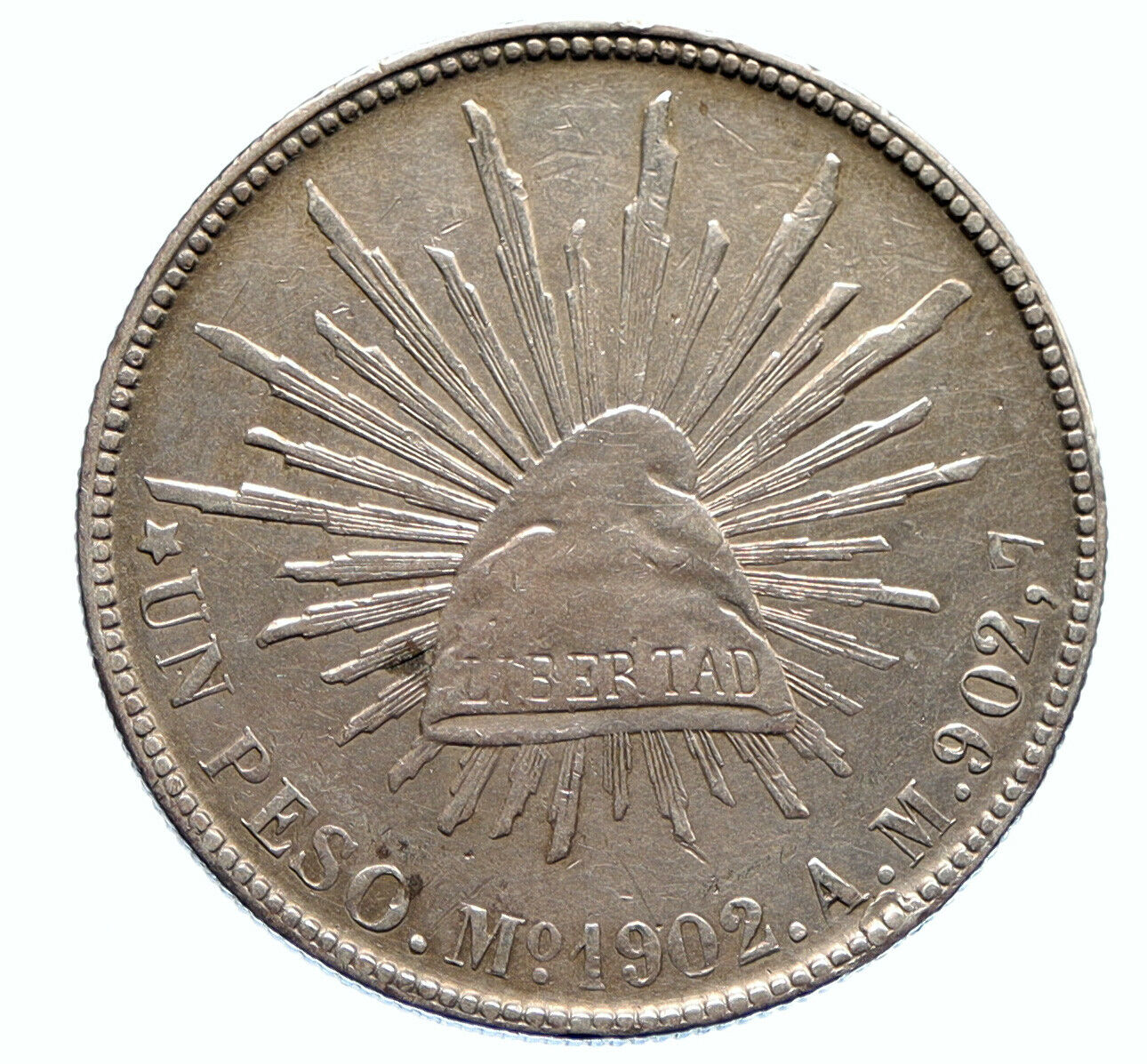 1902 Mo AM MEXICO Large Eagle Sun Antique Mexican OLD Silver Peso Coin i96121