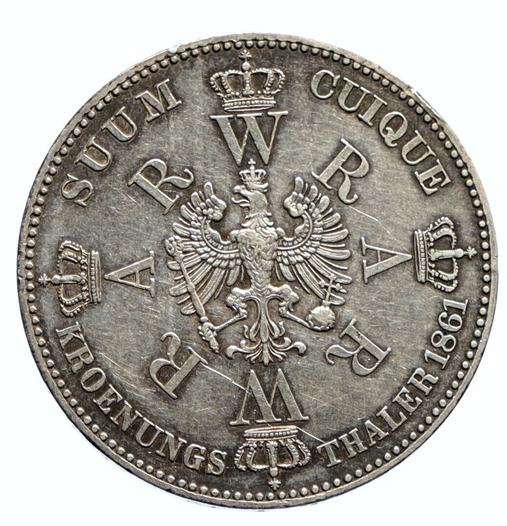 1861 A PRUSSIA German STATE Coronation King WILHELM I Silver Taler Coin i96125