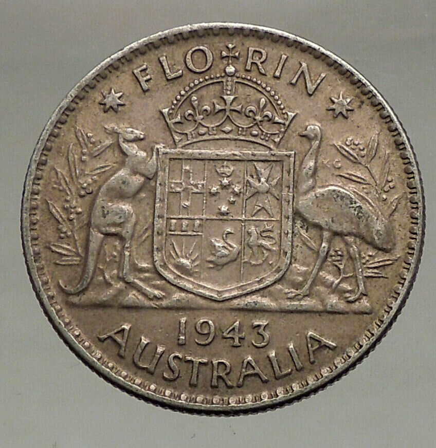 1943 AUSTRALIA Large King George VI Kangaroos Antique Silver Florin Coin i56684