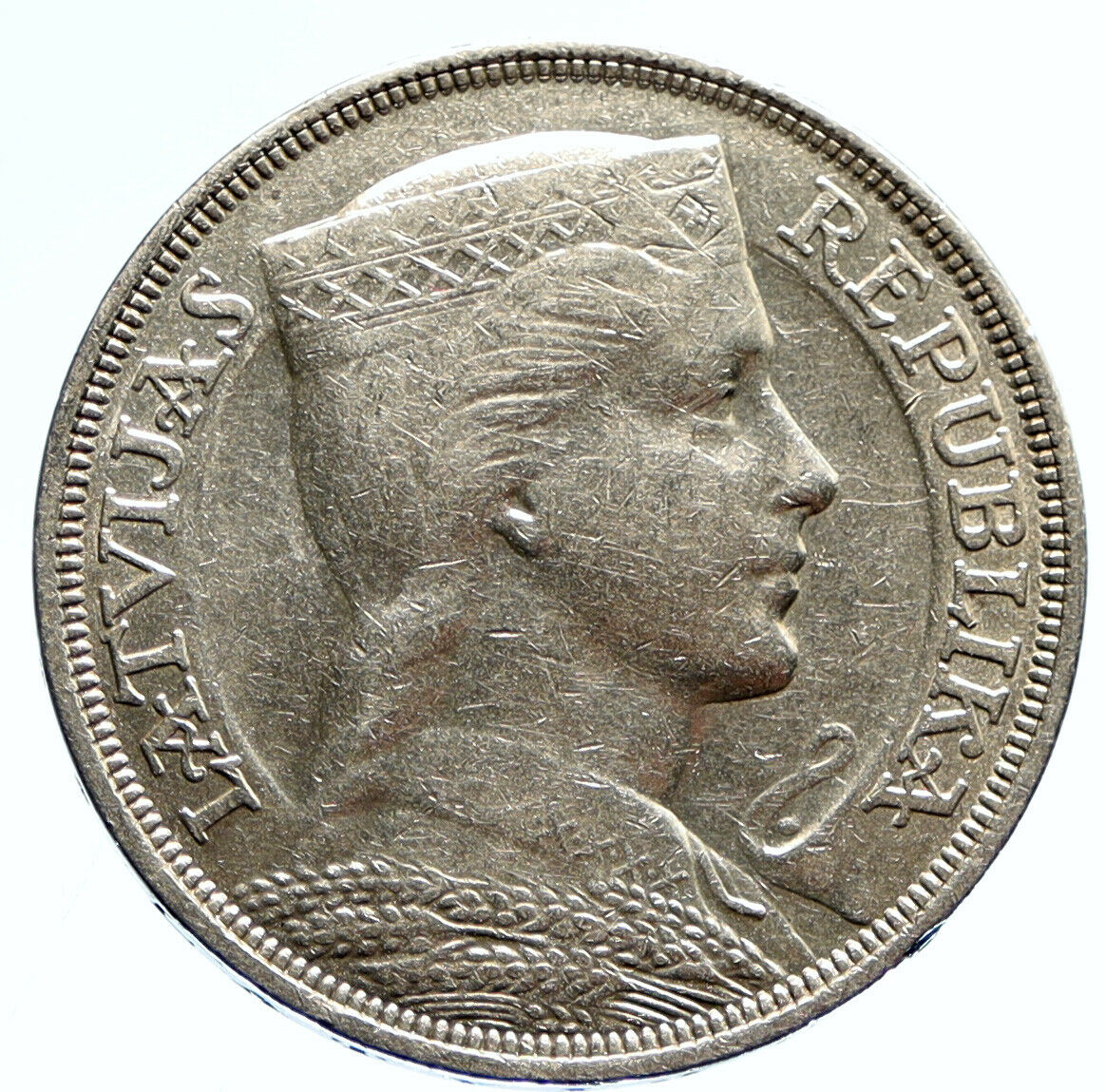 1931 LATVIA w Female Headwear 5 Lati LARGE Vintage Silver European Coin i96088