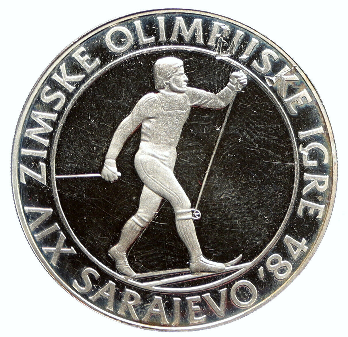 1984 YUGOSLAVIA '84 Winter Olympics SARAJEVO Skier Proof Silver 500D Coin i96086