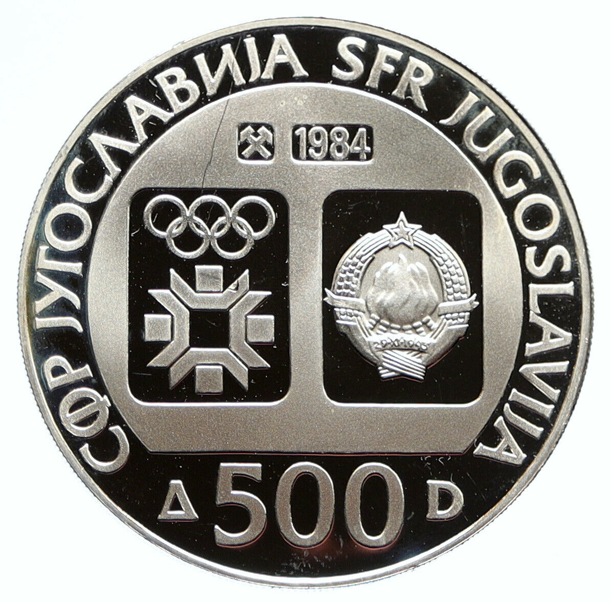 1984 YUGOSLAVIA '84 Winter Olympics SARAJEVO Skier Proof Silver 500D Coin i96086