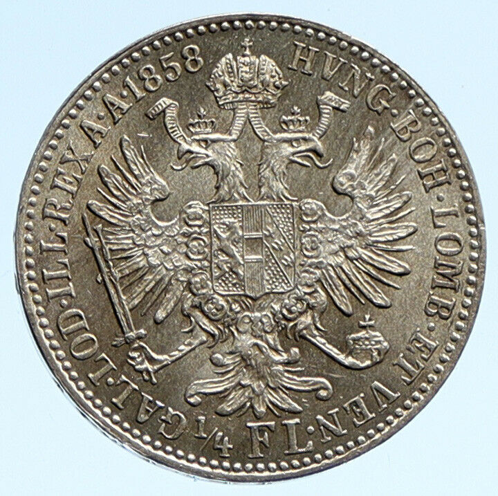 1858 A AUSTRIA KING FRANZ JOSEPH I Eagle Genuine Austrian 1/4 Florin Coin i96090