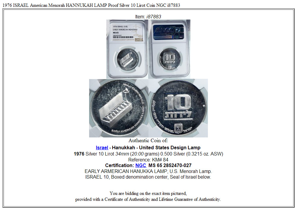 1976 ISRAEL American Menorah HANNUKAH LAMP Proof Silver 10 Lirot Coin NGC i87883