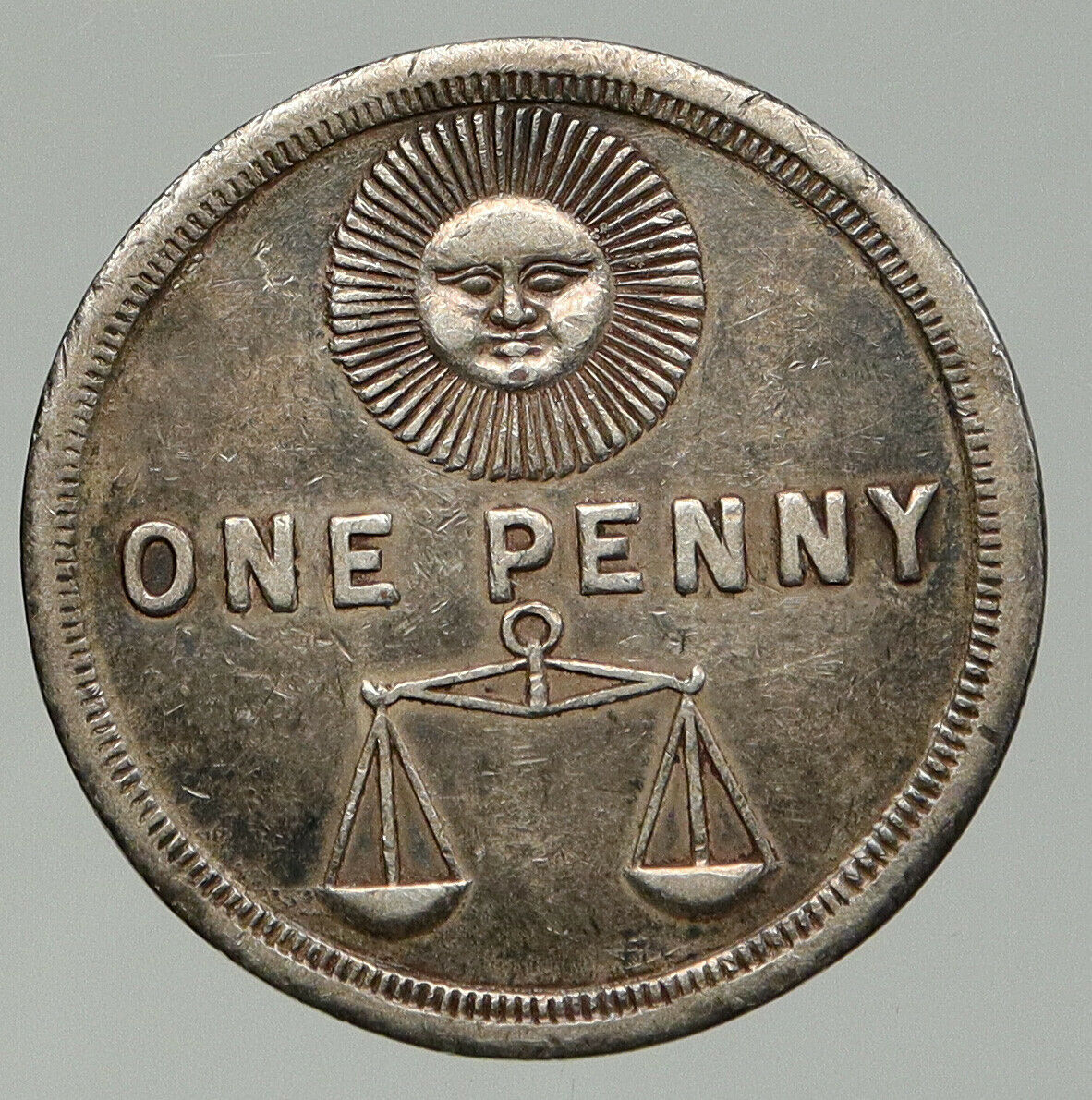 1800-1900 USA FREEMASON Historical SUN & SCALES OLD Masonic Silver Penny i92446