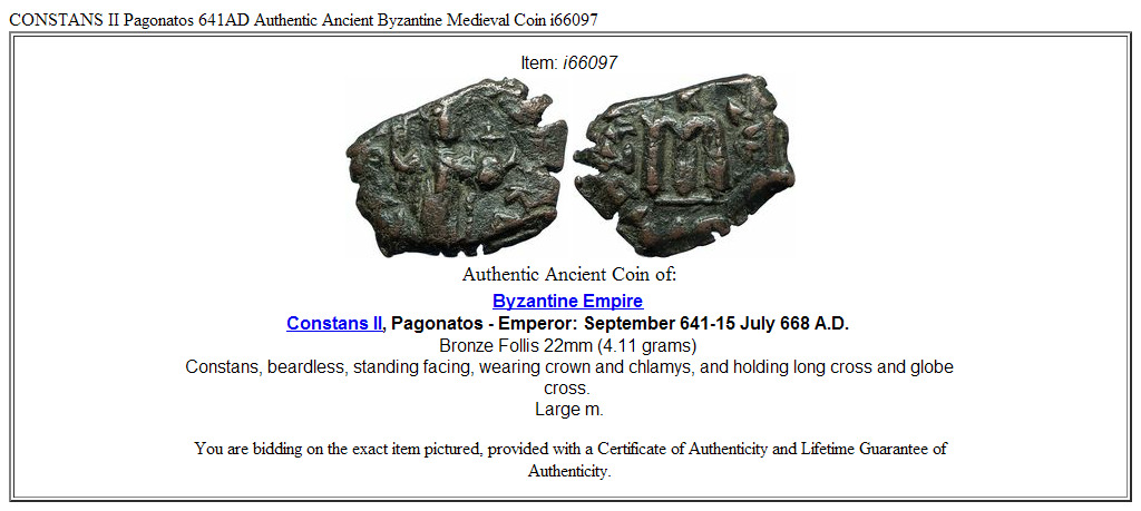 CONSTANS II Pagonatos 641AD Authentic Ancient Byzantine Medieval Coin i66097