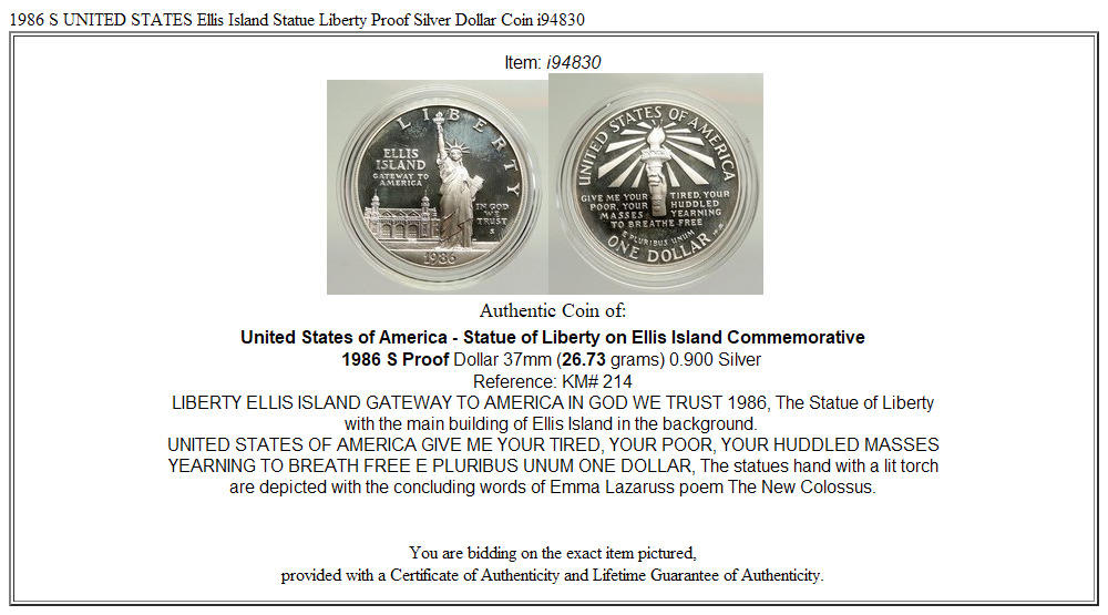 1986 S UNITED STATES Ellis Island Statue Liberty Proof Silver Dollar Coin i94830