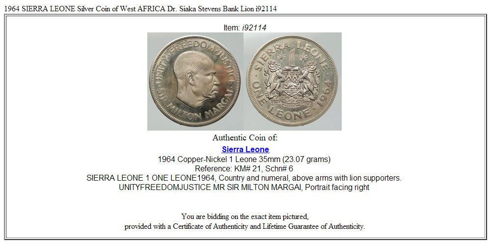 1964 SIERRA LEONE VINTAGE Coin of West AFRICA Dr. Siaka Stevens Bank Lion i92114