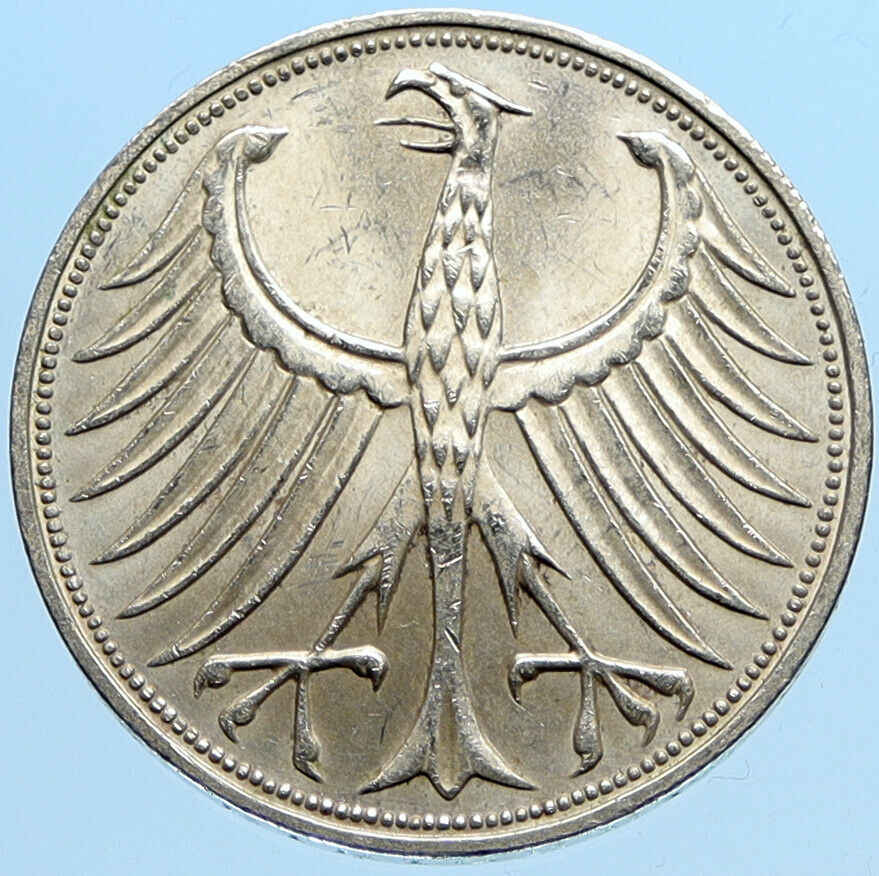 1974 F GERMANY Vintage Winged Eagle OLD German Large 5 Mark Silver Coin i96976