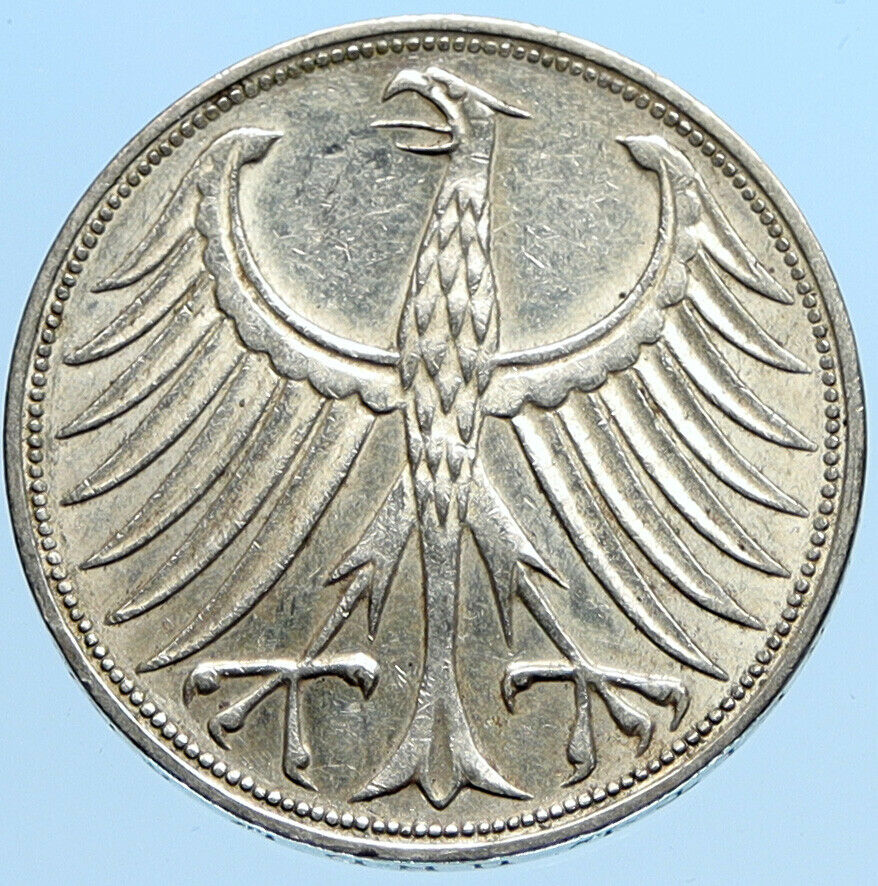 1966 D GERMANY Vintage OLD Eagle German Original Large 5 Mark Silver Coin i96977