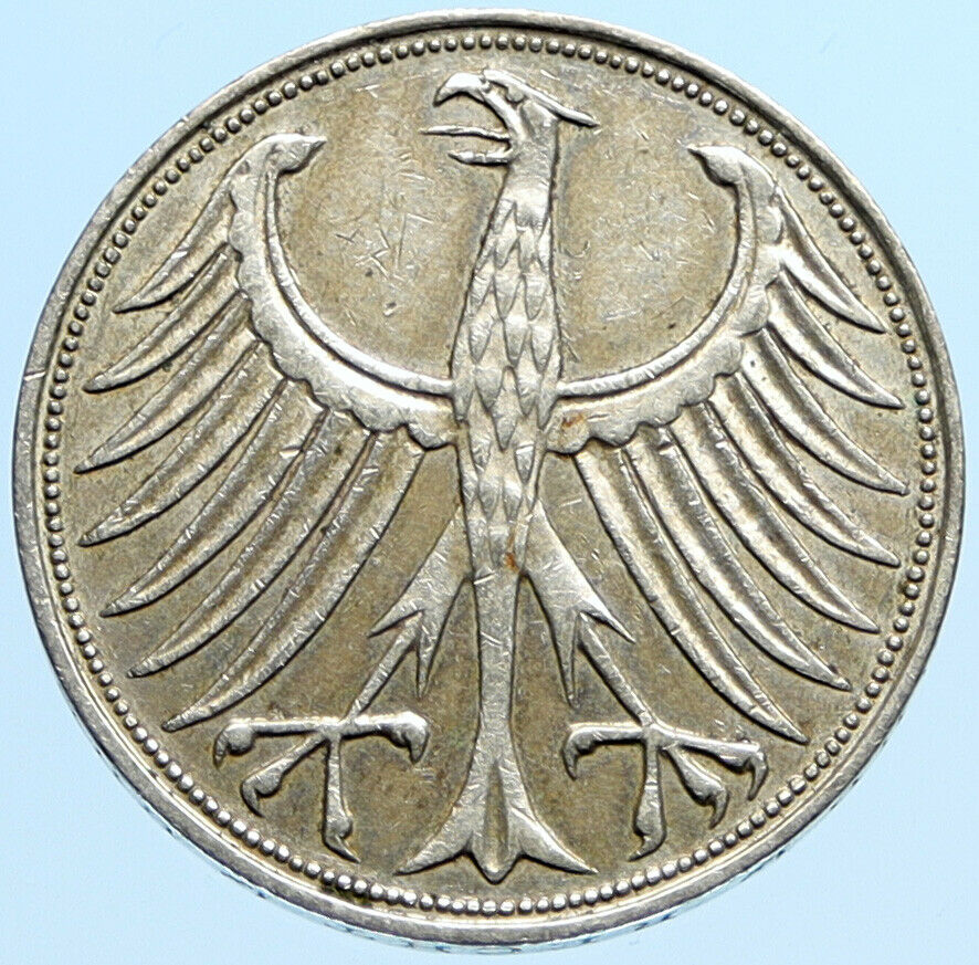 1965 D GERMANY Large 5 Mark Silver Vintage Genuine Eagle OLD German Coin i96979