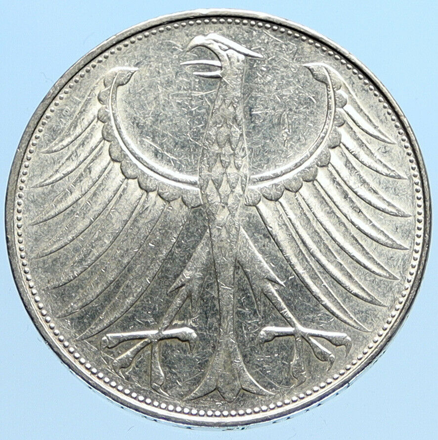 1972 G GERMANY Vintage Winged Eagle OLD German Large 5 Mark Silver Coin i96981