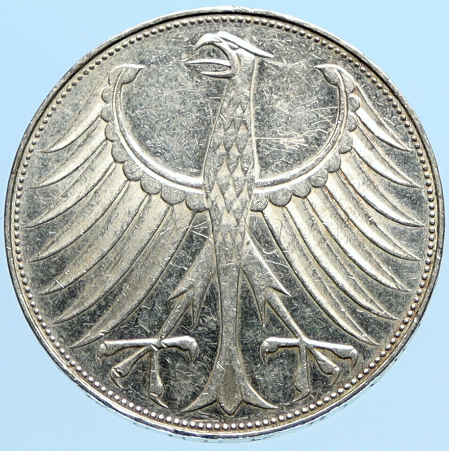 1971 G GERMANY Vintage Winged Eagle OLD German Large 5 Mark Silver Coin i96982