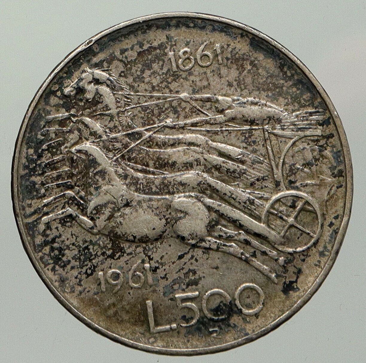 1961 ITALY Silver 500 Lire Coin ITALIAN UNIFICATION Rome Capital CHARIOT i93038