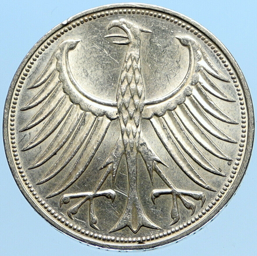 1973 F GERMANY Vintage Winged Eagle OLD German Large 5 Mark Silver Coin i96980