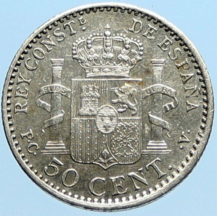 1904 SPAIN Spanish King ALFONSO XIII Antique VINTAGE Silver 50 Cents Coin i97001