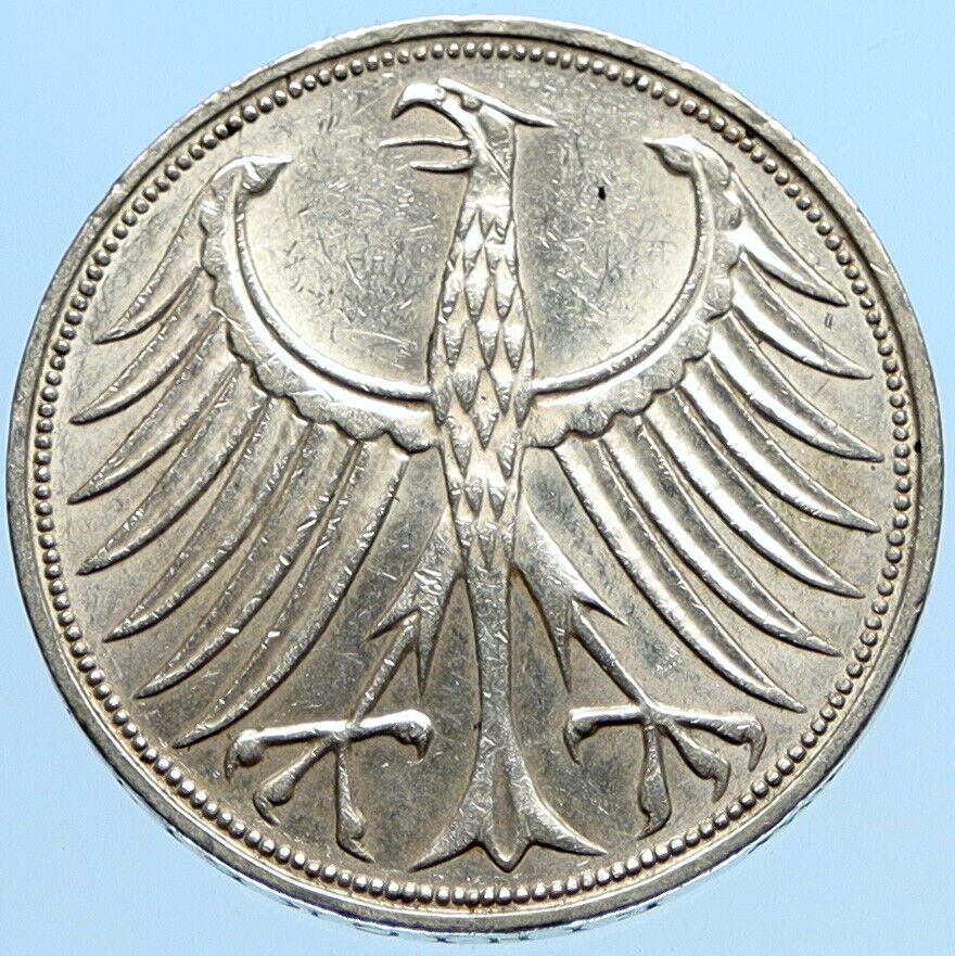 1969 F GERMANY Vintage Winged Eagle OLD German Large 5 Mark Silver Coin i96984