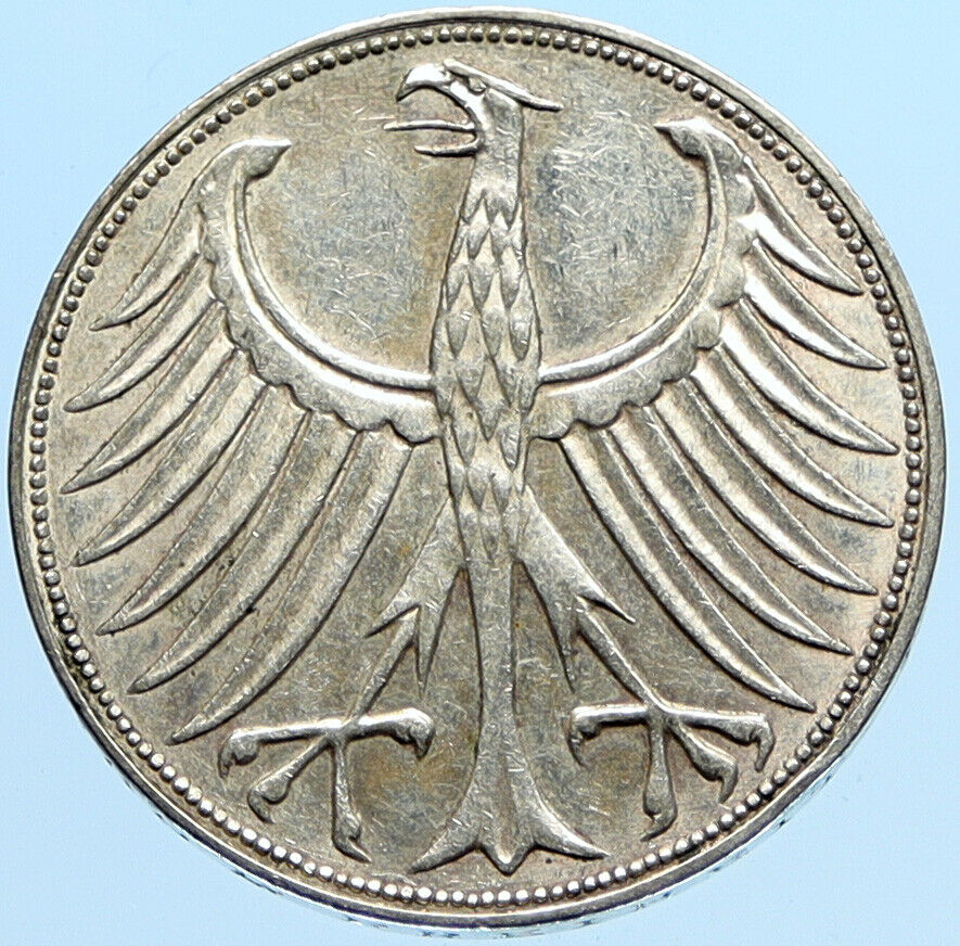 1969 G GERMANY Vintage Winged Eagle OLD German Large 5 Mark Silver Coin i96983