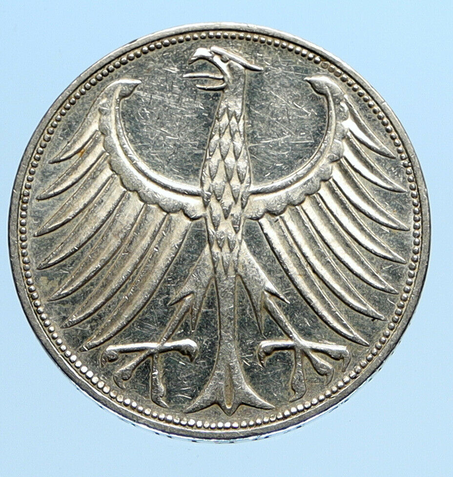 1970 G GERMANY Large 5 Mark Silver Vintage OLD Genuine Eagle German Coin i96985