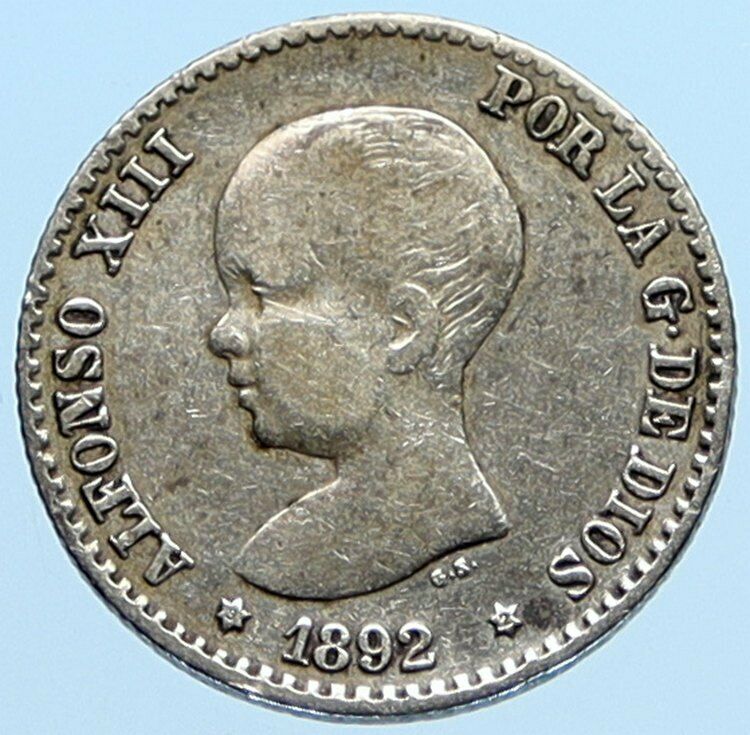 1892 SPAIN Spanish King ALFONSO XIII Antique VINTAGE Silver 50 Cents Coin i97005