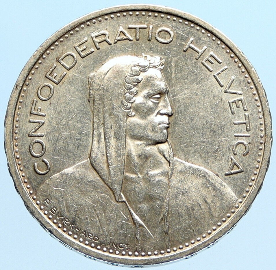 1954 B Switzerland Founding HERO WILLIAM TELL 5 Francs Silver Swiss Coin i97039