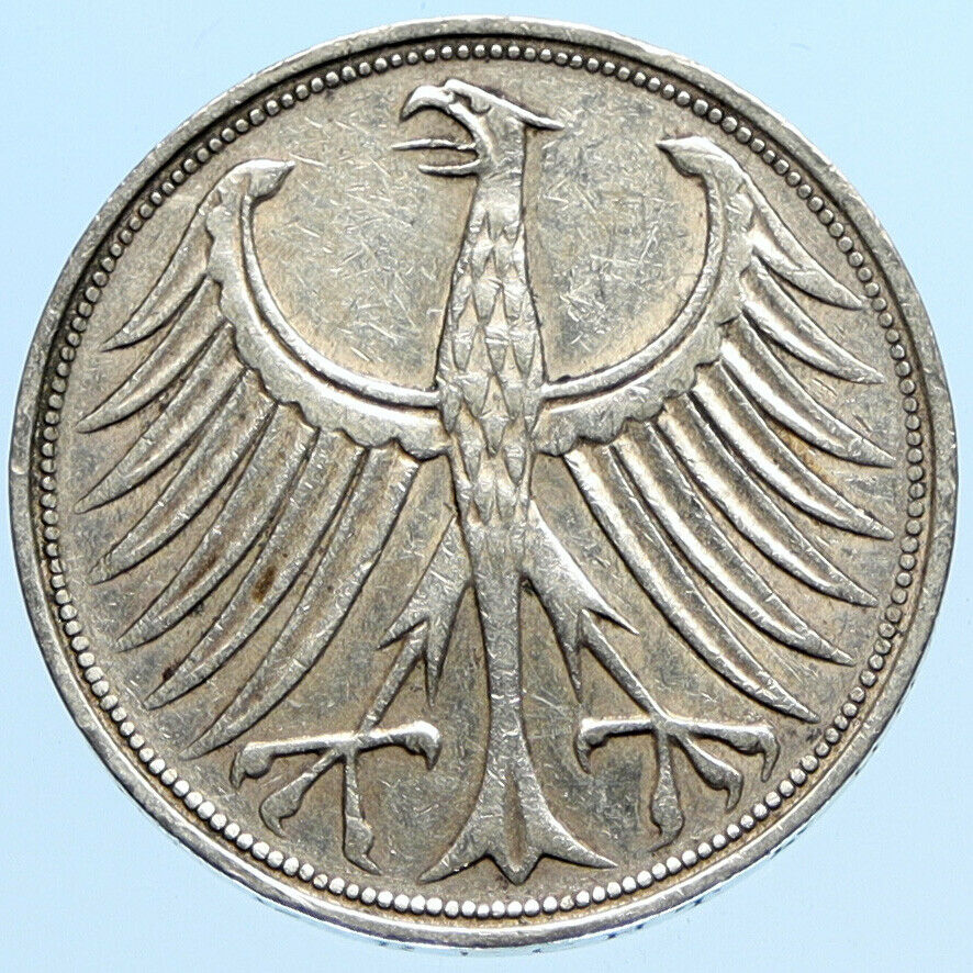 1963 F GERMANY Vintage Winged Eagle OLD German Large 5 Mark Silver Coin i96986