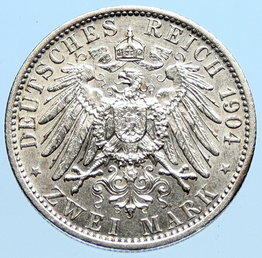 1904 PRUSSIA KINGDOM Germany WILHELM II Antique Silver 2 Mark German Coin i97012