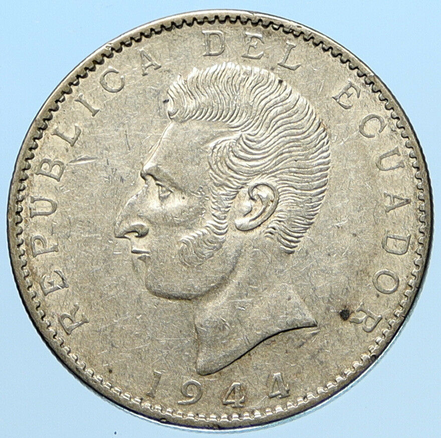 1944 ECUADOR Antonio Jose de Sucre y Alcala VINTAGE Silver 2 Sucres Coin i97022